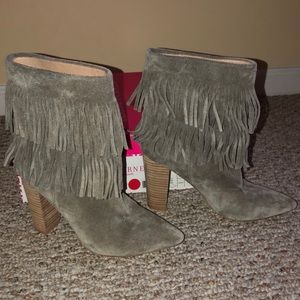 Elaine Turner suede fringe ankle boots.